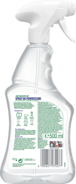 Tył białej, przezroczystej butelki Dettol spray do powierzchni limonka i mięta z zieloną etykietą i kodem EAN.