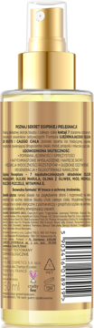 Tył złotego olejku do biustu i ciała EGIPSKI SEKRET 150ml z listą 7 składników, widoczne logo cruelty free.