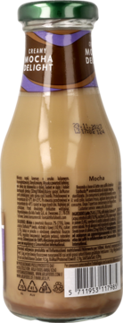 Tył butelki Starbucks Creamy Mocha Delight 250ml, mrożony napój kawowy, data ważności i kod.