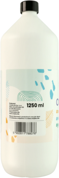 Biała butelka Onlybio 1250 ml z czarną nakrętką, widok z przodu. Etykieta z abstrakcyjnym wzorem i danymi firmy.