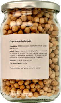 Słoik 100% organicznej ciecierzycy BIO z Turcji. Przezroczyste szklane opakowanie, widok z przodu, czytelna etykieta.