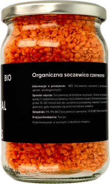 Tylna etykieta słoika z organiczną czerwoną soczewicą, widoczny czarny napis BIO i kraj pochodzenia Turcja.
