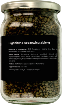 Słoik z organiczną soczewicą zieloną Dupuy z Kanady, z czarną etykietą. Widok z przodu.