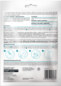Biały tył opakowania złuszczającej maski do stóp Renewed Perfecta z kwasami, diagramami i polsko-angielskim tekstem.