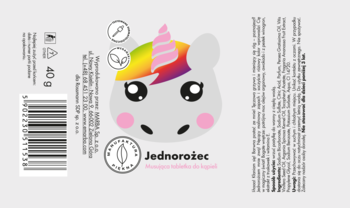 Etykieta pianotwórczej tabletki do kąpieli Jednorożec 40g, szara z rysunkiem jednorożca z tęczową grzywą.