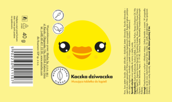 Tył żółtego opakowania musującej tabletki Kaczka dziwaczka z rysunkiem kaczki i napisem, 40 g.