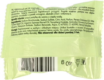 Tył zielonego opakowania produktu do kąpieli Dinożarł, z kodem kreskowym i polską listą składników.