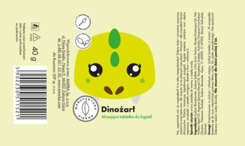 Tył opakowania musującej tabletki Dinożarł 40g, żółty dinozaur, zielone rogi, opis składników i kod kreskowy.
