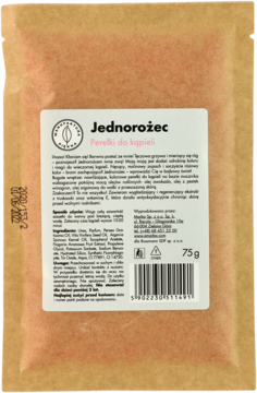 Opakowanie Jednorożec Perełki do kąpieli: brązowa torebka z różowymi perełkami, widok z przodu, etykieta 75g.