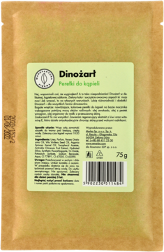Dinożart Perełki do kąpieli, brązowa papierowa saszetka, zielona etykieta z pełnym opisem, widok z przodu.