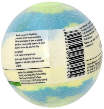 Kula do kąpieli Tęczowa łąka, kolory niebieski, żółty, zielony. Widok z boku z etykietą produktu i kodem kreskowym.