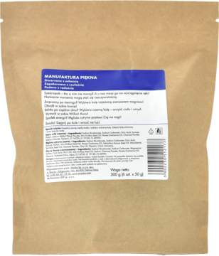 Tył brązowego opakowania z kulami do kąpieli dla mężczyzn, niebieska etykieta z polskim opisem produktu i kodem kreskowym.