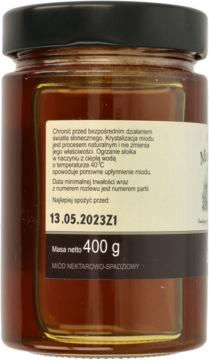 Miód nektarowo-spadziowy w szklanym słoju 400g, widok z tyłu z etykietą i datą ważności.