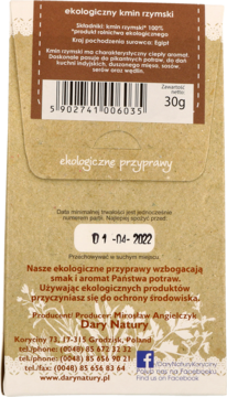 DARY NATURY Ekologiczne przyprawy ,ekologiczny kmin rzymski,tył