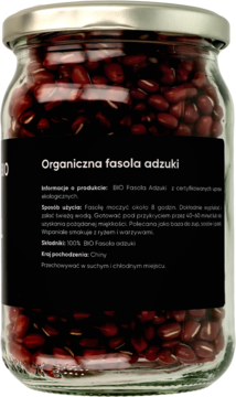 Słoik BIO Fasoli Adzuki, widok z tyłu, z czarną etykietą i opisem produktu w języku polskim.