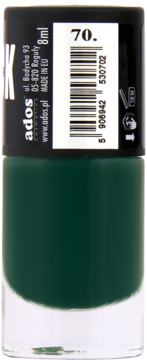 Ados Gel Lack 7 Days lakier do paznokci nr 70, butelka w głębokiej zieleni, z przodu, z etykietą.