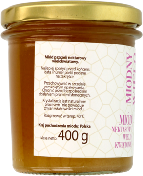 Słoik miodu nektarowego wielokwiatowego 400g, widok z boku, etykieta z polskim opisem i złotą nakrętką.