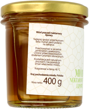 Tył szklanego słoika 7MK miodu lipowego 400g z białą etykietą, widoczny kraj pochodzenia Polska.