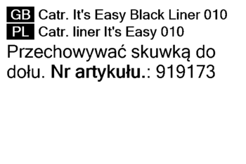 Fragment etykiety linera Catr. It's Easy Black Liner 010 z numerem artykułu i instrukcją po polsku.