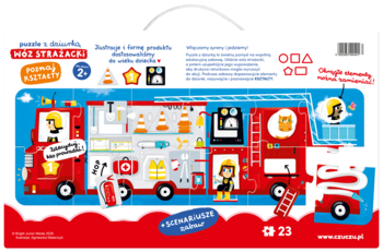Tył pudełka Czuczu puzzle z dziurką Wóz Strażacki 2+. Czerwony wóz z wycięciami na kształty, dla nauki.