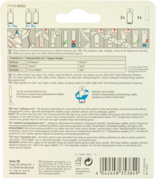 Tył opakowania samoprzylepnych gwoździ tesa. Alternatywa dla wkrętów, z instrukcjami montażu i usuwania.