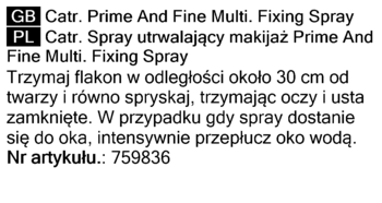 Etykieta Catr. Prime And Fine Multi. Fixing Spray z polskimi instrukcjami użycia i numerem artykułu.