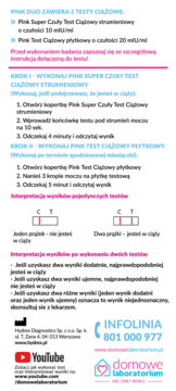 Instrukcje Domowe Laboratorium Pink Duo testów ciążowych, biała ulotka z różowym tekstem, diagramy wyników.