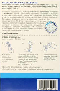 Tył opakowania HELP4SKIN BRODAWKI I KURZAJKI do krioterapii, z 3-etapową instrukcją użycia i kodem kreskowym.