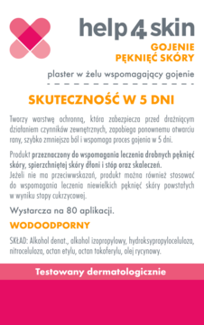 Help 4 Skin plaster w żelu na pęknięcia skóry, biała etykieta z różowym logo i pomarańczowym napisem.