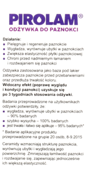 Pirolam Odżywka do Paznokci. Biała etykieta z fioletowym logo, tekst o regeneracji i wzmacnianiu kruchych paznokci.