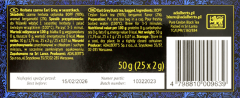 Tył ciemnego opakowania herbaty Earl Grey Blue Premium 50g, z listą składników, kodem kreskowym i datą ważności.