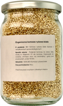 Słoik z organiczną białą komosą ryżową z Peru, widok z przodu. Przezroczyste szkło, widoczne białe ziarna i etykieta.