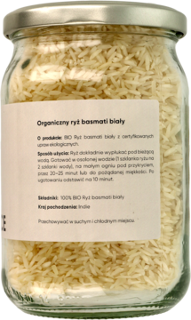 Szklany słoik z organicznym białym ryżem basmati, widok z tyłu z etykietą i instrukcjami użycia.