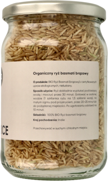 Organiczny brązowy ryż basmati w przezroczystym słoiku, widok z przodu. Etykieta z napisem Kraj pochodzenia: Indie.