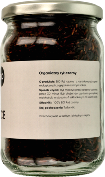 Słoik organicznego czarnego ryżu BIO, widok z tyłu z białą etykietą, widoczny kraj pochodzenia Tajlandia.