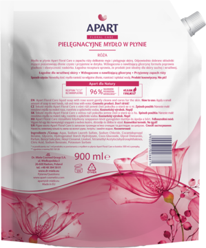Tył Apart Mydło w płynie Róża, biała saszetka 900ml, różany wzór, opis do skóry suchej i wrażliwej.