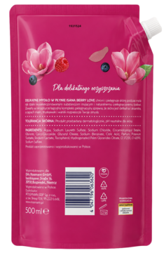 Różowy doypack mydła w płynie Isana Berry Love 500ml, tył opakowania z magnolią i jagodami.