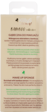 Tył opakowania Killys Bamboo Gąbki do makijażu, opis właściwości bambusa, precyzyjnej aplikacji podkładu.