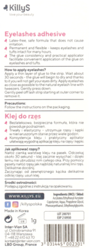 Białe opakowanie kleju do rzęs KillyS (1g) z instrukcjami w języku angielskim i polskim, widok z przodu.