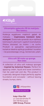 Fioletowe opakowanie gąbeczki KillyS Ultra soft 3D make up sponge non latex z białym tekstem, widok z przodu.