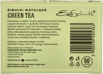 Tył zielonego opakowania bibułek matujących Green Tea Ewa Schmitt, 50 sztuk, z kodem kreskowym i polskim opisem.