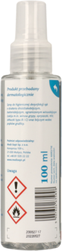 Przezroczysta butelka sprayu do dezynfekcji rąk 100 ml, widok z tyłu z ostrzeżeniami i opisem działania.