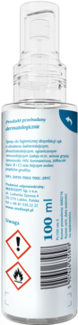 Tył białej etykiety sprayu do higienicznej dezynfekcji rąk 100 ml, z polskim opisem i symbolami ostrzegawczymi.