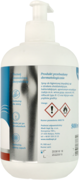 Tył białej butelki z pompką 500ml sprayu do dezynfekcji rąk, z etykietą zawierającą ostrzeżenia i opis.