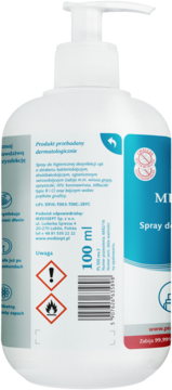 Biała butelka Medisept sprayu do dezynfekcji rąk 100 ml z pompką, widok tyłu z etykietą i symbolami ostrzegawczymi.