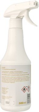 Biała butelka sprayu do dezynfekcji, tył z etykietą produktu 500 ml, widoczne piktogramy zagrożeń.