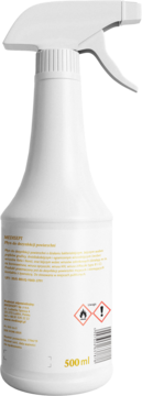 Biała butelka spray 500ml do dezynfekcji powierzchni, widok z tyłu, etykieta PL z piktogramami.