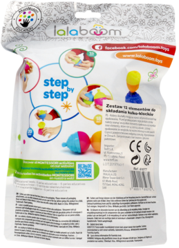 Tył opakowania lalaboom, zestaw 12 kulko-klocków z instrukcjami "step by step" i tekstem informacyjnym.