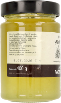 Tył szklanego słoika miodu nektarowego faceliowego 400 g, z widoczną etykietą i datą ważności 18.07.2026.