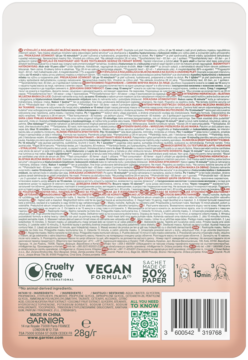 Tył opakowania maski Garnier na tkaninie z mleczkiem kokosowym i kwasem hialuronowym. Cruelty-Free, Vegan.
